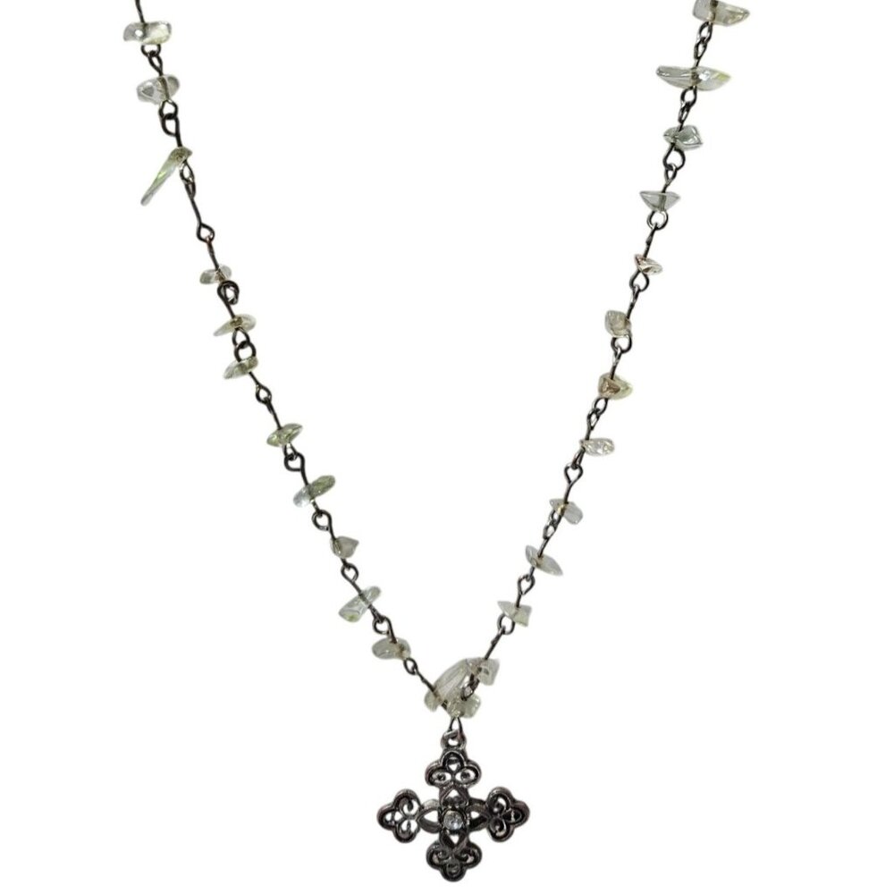 Vintage Green Gemstone Filigree Cross Necklace Religious Spiritual Jewelry